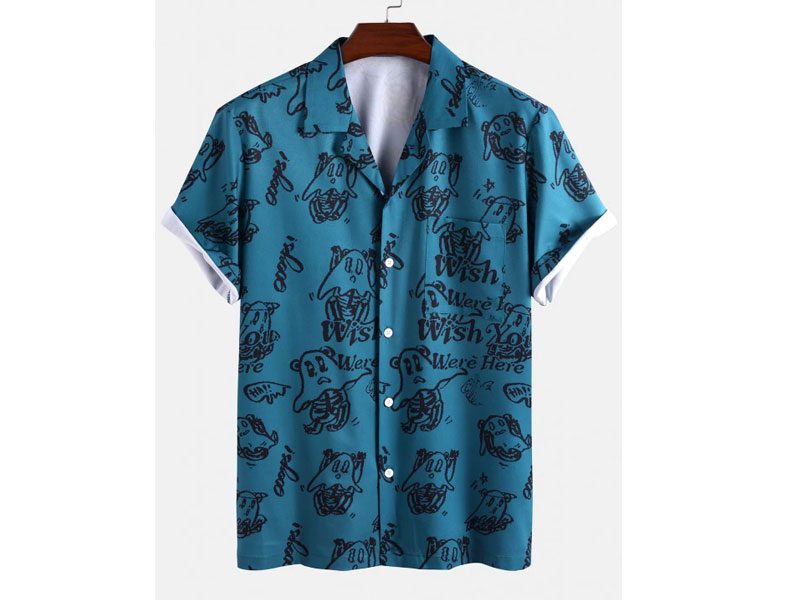 Men's Wish You Were Here Elf Print Short Sleeve Shirt Blue M