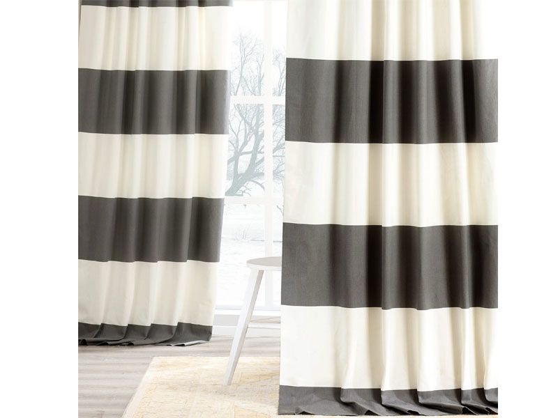 Slate Grey & Off White Horizontal Stripe Curtain