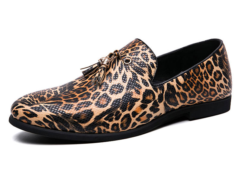 Men's Loafer Slip-On Artwork Round Toe Leather Leopard Shoes