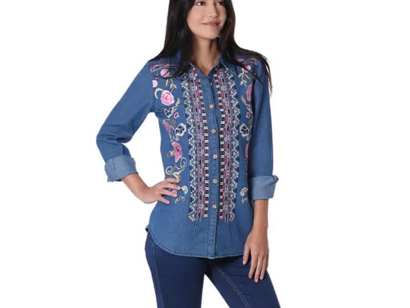 Women's Handcrafted Blue Cotton Denim Embroidered Long Sleeve Blouse
