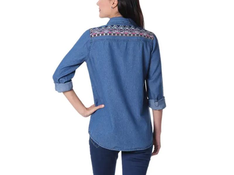 Women's Handcrafted Blue Cotton Denim Embroidered Long Sleeve Blouse