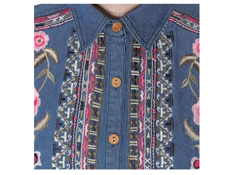 Women's Handcrafted Blue Cotton Denim Embroidered Long Sleeve Blouse