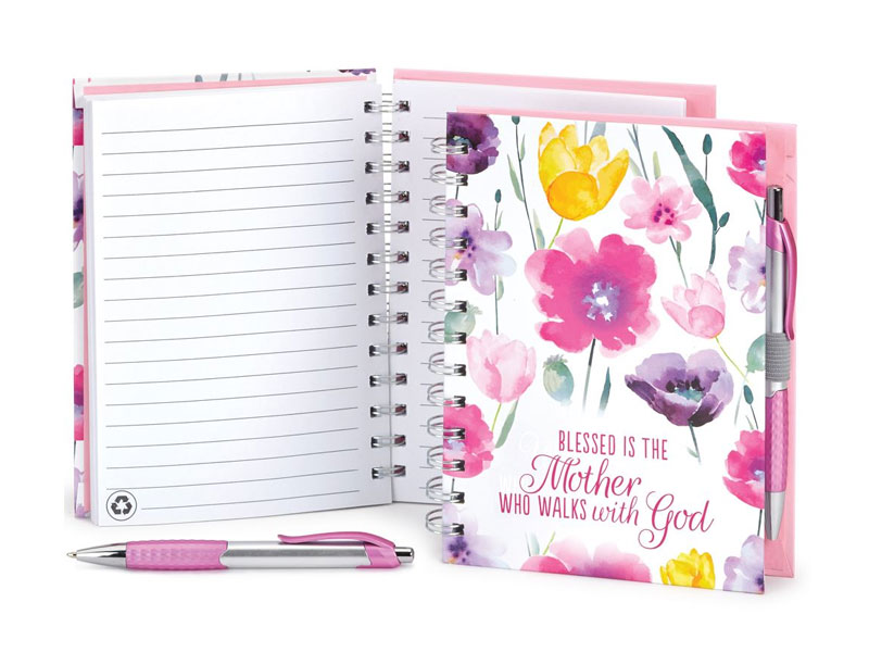 Blessed Is The Mother Who Walks With God Pink Floral Spiral Notebook With Pen