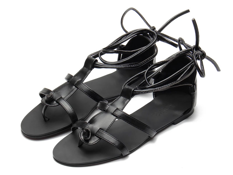 Women's Black Leather Look Lace-up Gladiator Flat Sandals