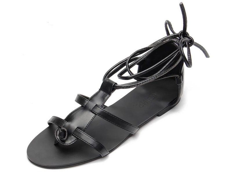 Women's Black Leather Look Lace-up Gladiator Flat Sandals