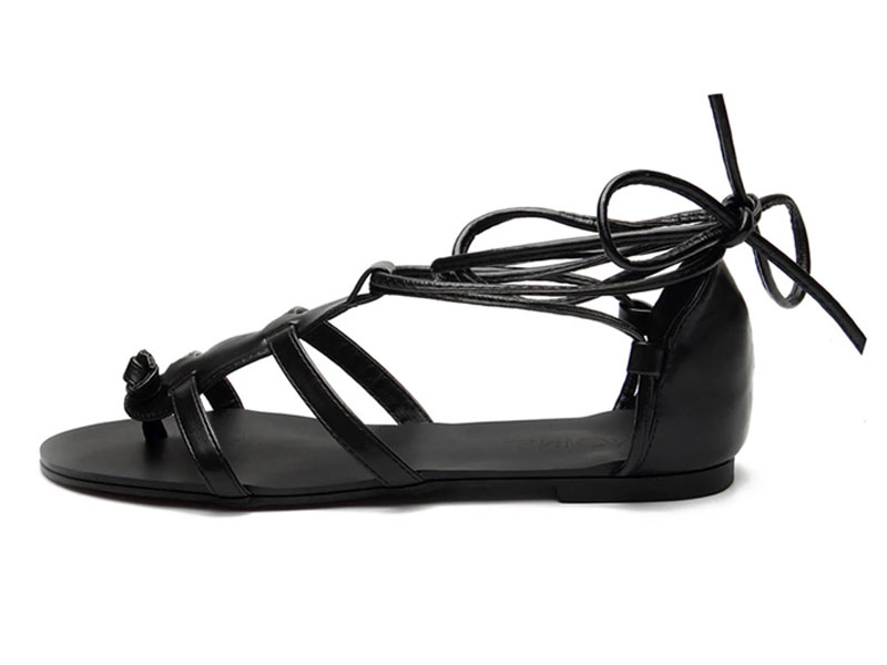 Women's Black Leather Look Lace-up Gladiator Flat Sandals