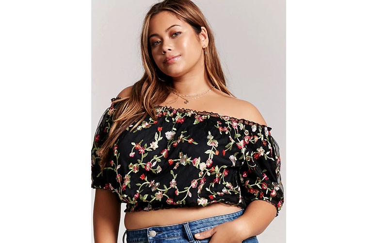 Plus Size Floral Sheer Mesh Off-the-Shoulder Crop Top