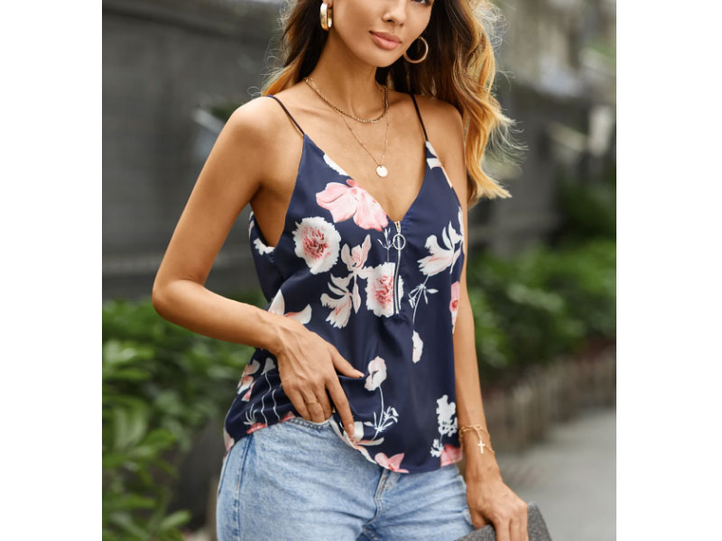 Women's Navy Cute V-neck Floral Print Cami with Zipper Design Top