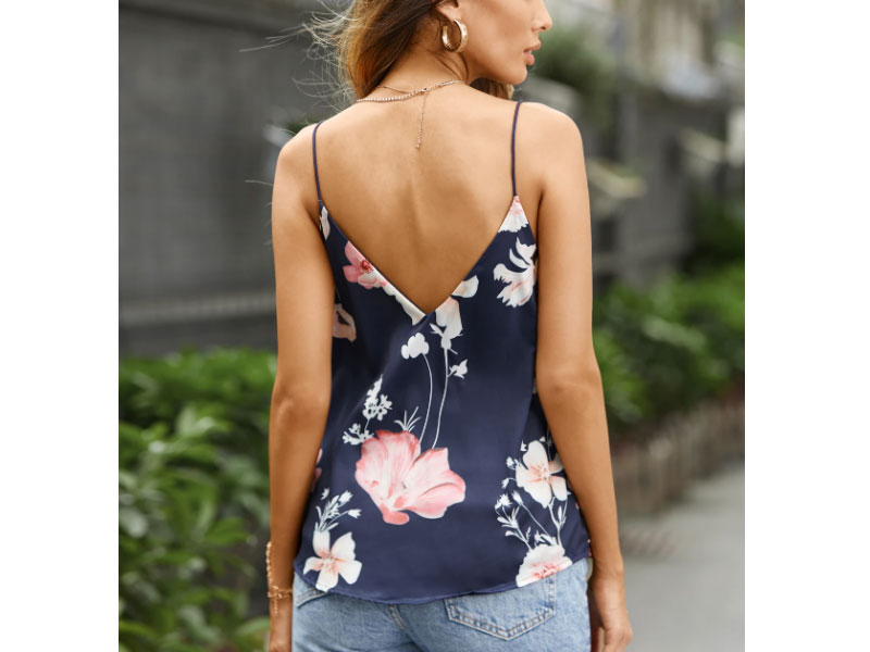 Women's Navy Cute V-neck Floral Print Cami with Zipper Design Top