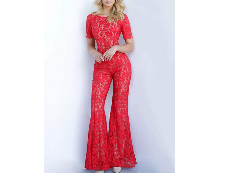 Women's Jovani Short Sleeve Beaded Lace Jumpsuit