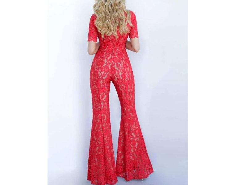 Women's Jovani Short Sleeve Beaded Lace Jumpsuit