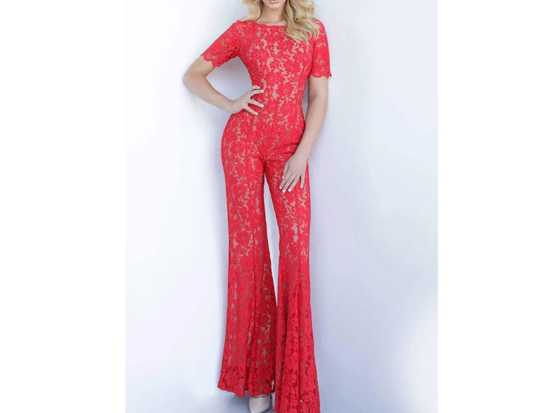 Women's Jovani Short Sleeve Beaded Lace Jumpsuit