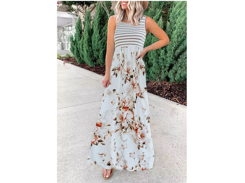 Women's Floral Striped Pocket Sleeveless Maxi Dress White