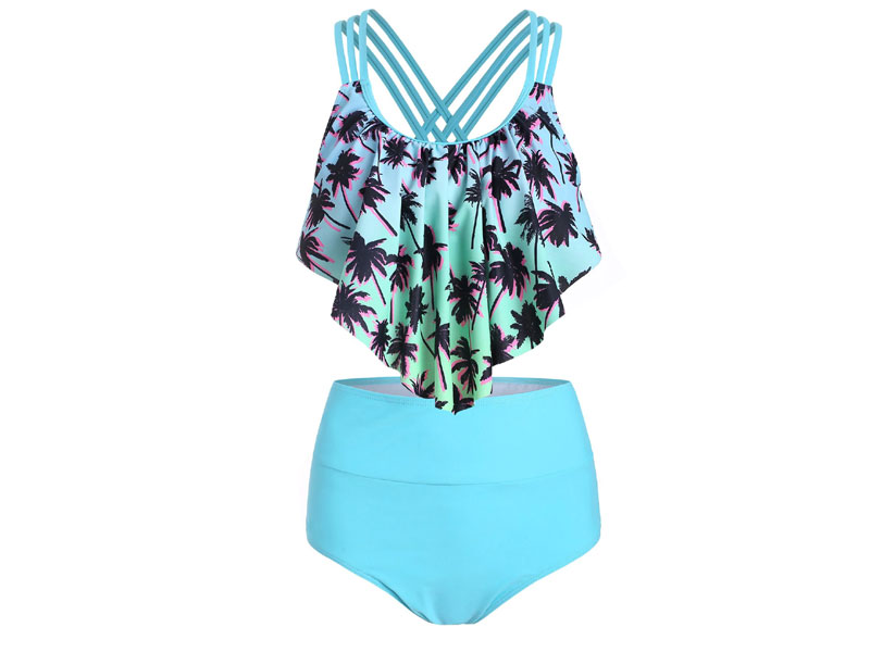 Women's Palm Tree Print Overlay Tankini Swimsuit