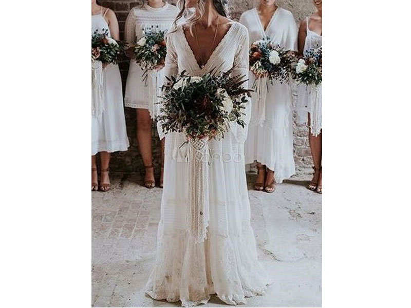 Women's Boho Wedding Dresses 2021 A Line Deep V-Neck