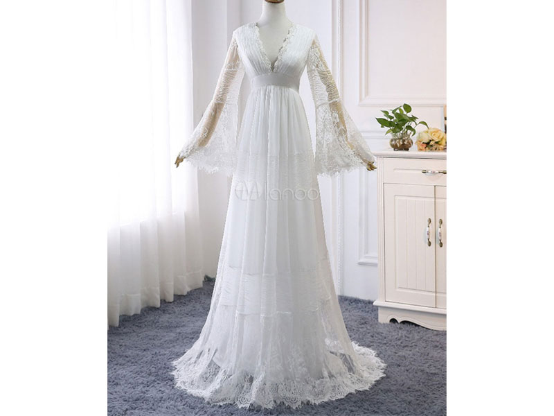 Women's Boho Wedding Dresses 2021 A Line Deep V-Neck