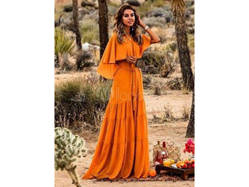 Women's Chiffon Maxi Dress Round Neck Cape Shoulder Casual Dress