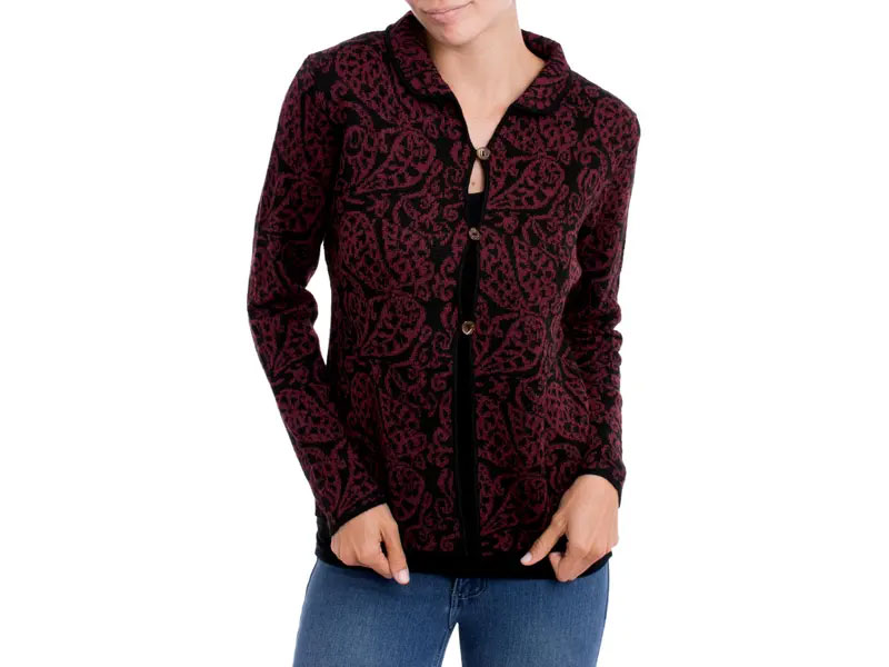 Women's Alpaca Blend Cardigan With Burgundy Paisley Motifs Paisley Elegance