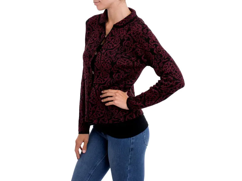 Women's Alpaca Blend Cardigan With Burgundy Paisley Motifs Paisley Elegance