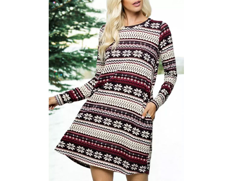 Women's Striped Splicing Snowflake Pocket Mini Dress