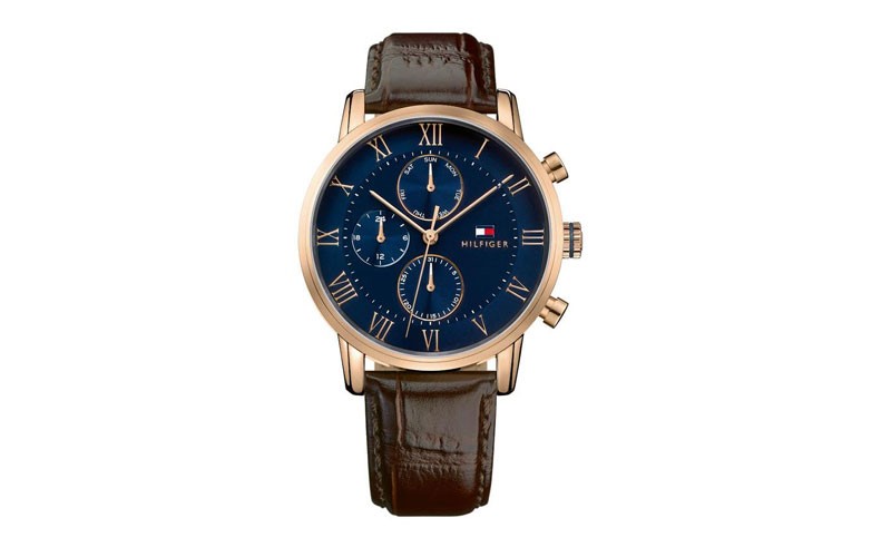 Tommy Hilfiger Mens Kane Watch Rose Gold-Tone Brown Leather Strap
