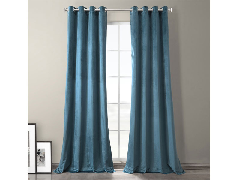 Caspian Blue Plush Velvet Hotel Blackout Grommet Curtain