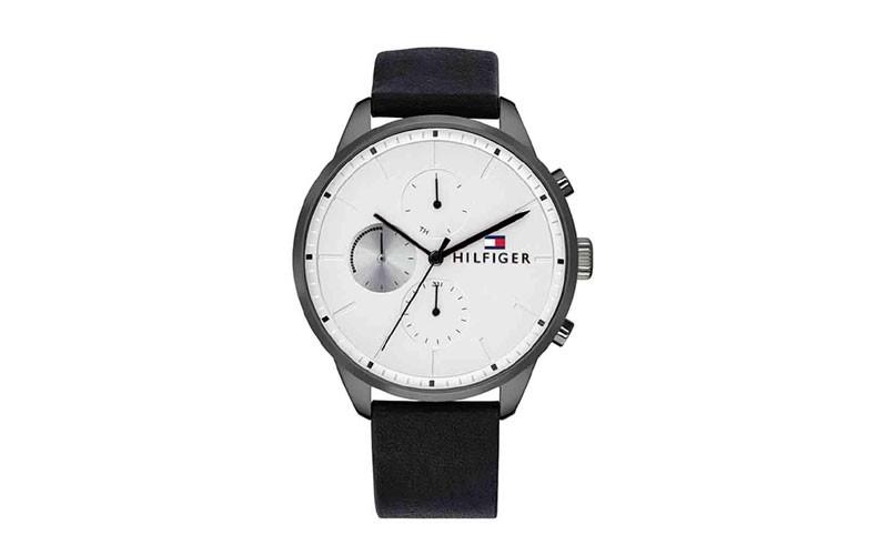 Tommy Hilfiger Mens Chase Watch Gray Gunmetal Black Leather Strap