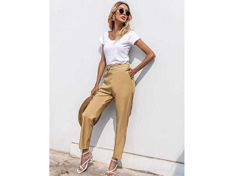 Women's Solid Zipper Side Button Detail Trousers