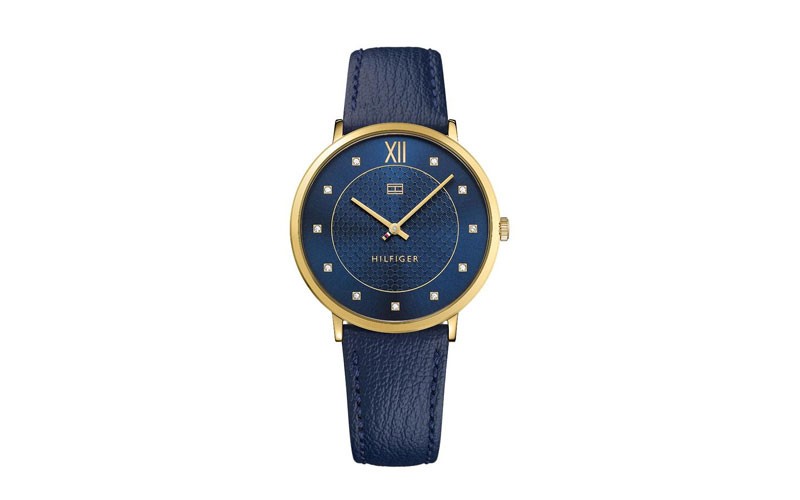 Tommy Hilfiger Womens Sloan Dress Watch Gold Tone Blue Leather Strap