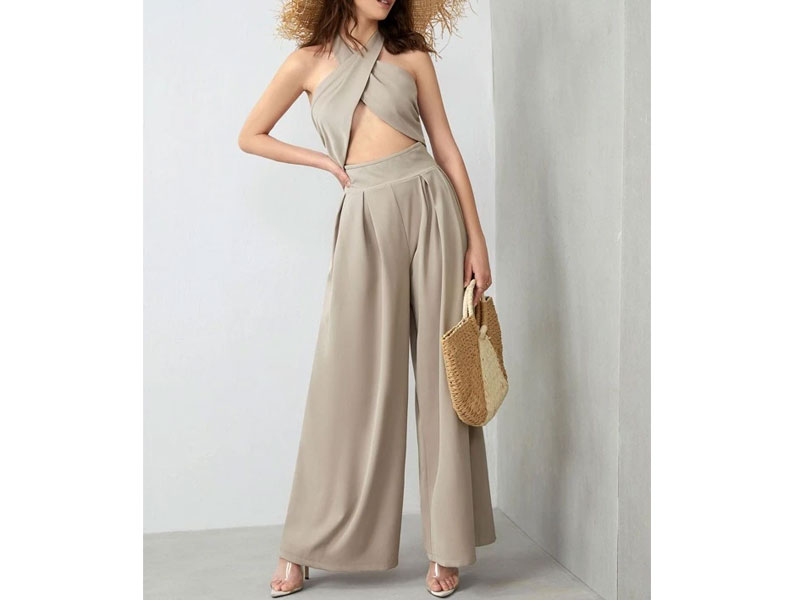 Women's Halterneck Tie Back Cut-out Wide Leg Jumpsuit