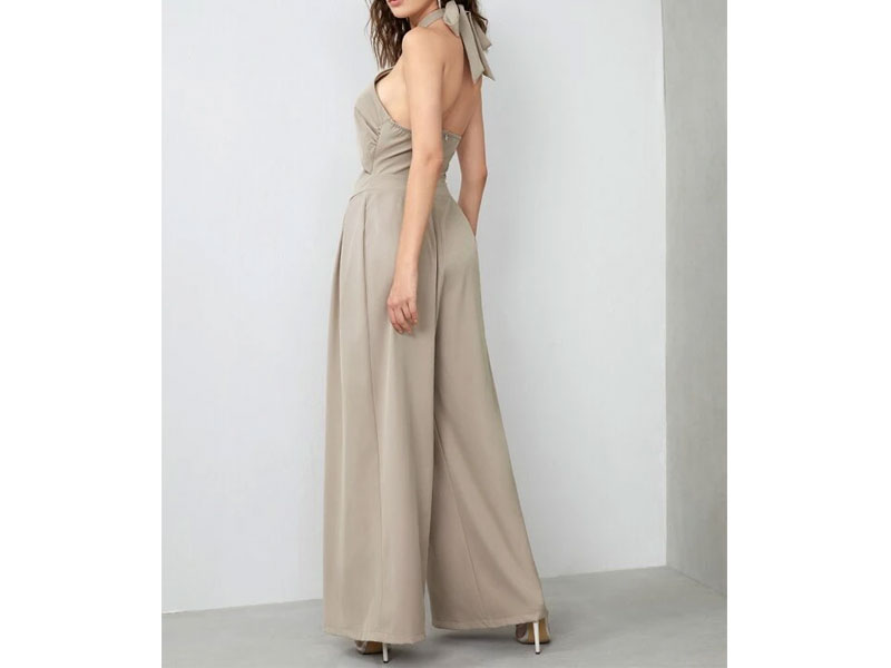 Women's Halterneck Tie Back Cut-out Wide Leg Jumpsuit