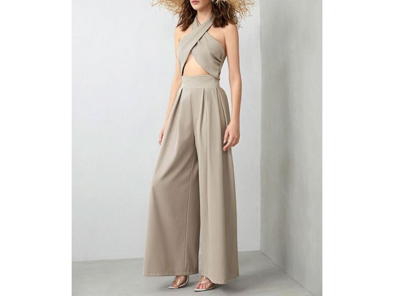 Women's Halterneck Tie Back Cut-out Wide Leg Jumpsuit