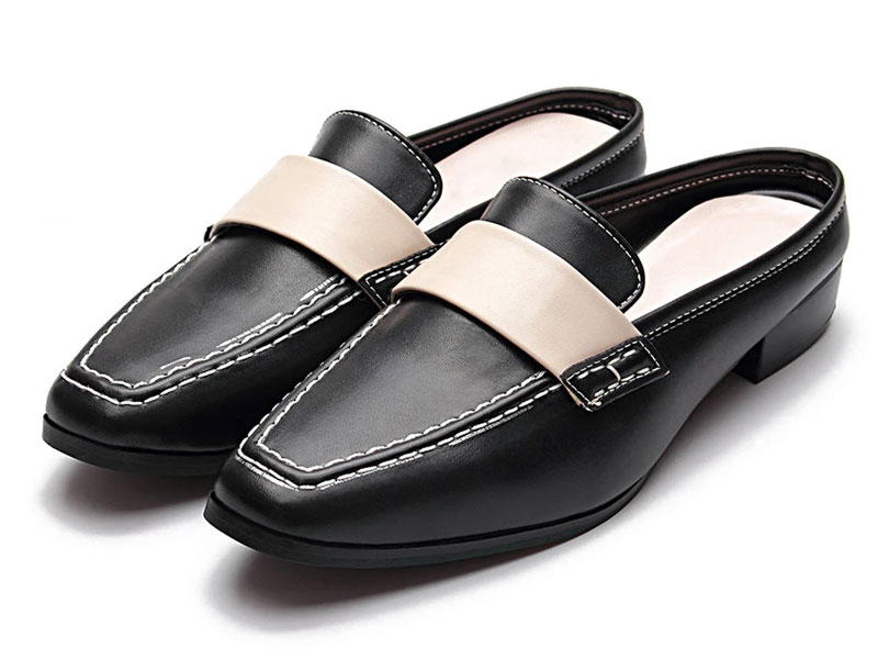 Black Leather Look Contrast Square Toe Heeled Loafers