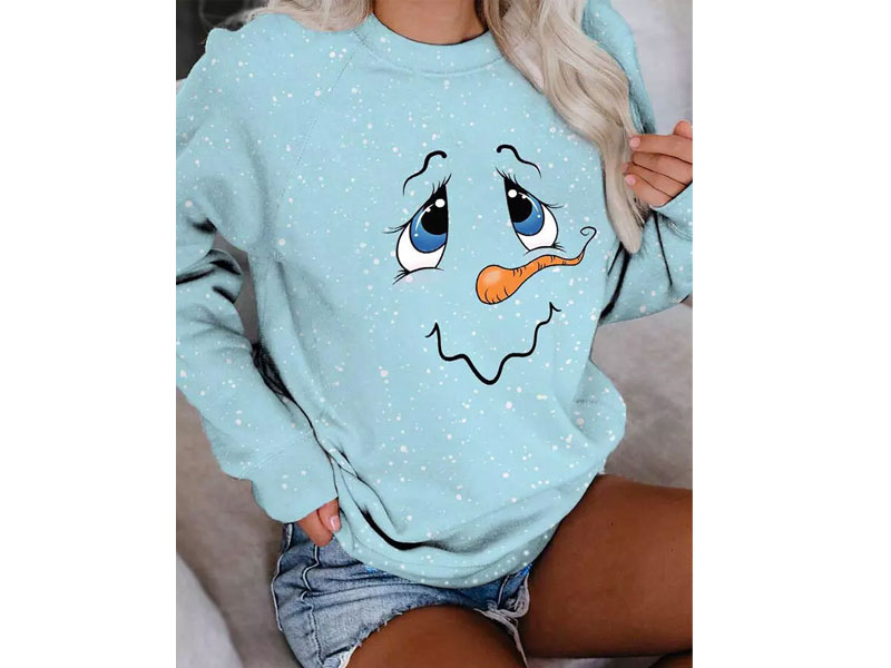 Women's Cute Snowman Face Pullover Sweatshirt Sky Blue