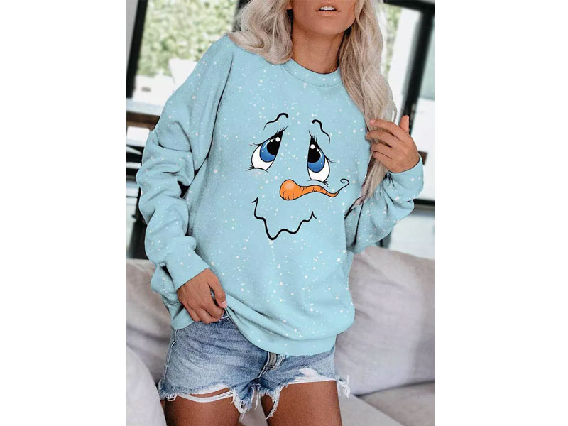 Women's Cute Snowman Face Pullover Sweatshirt Sky Blue