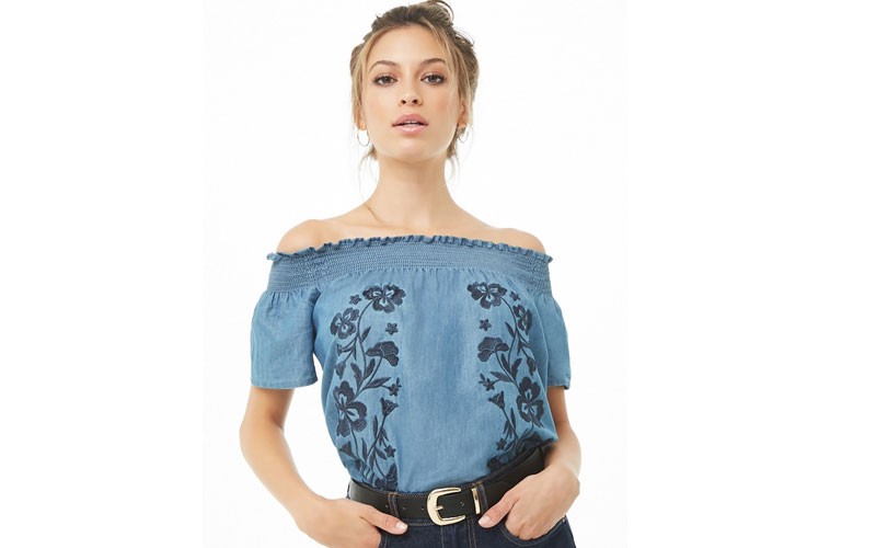 Embroidered Chambray Off the Shoulder Top