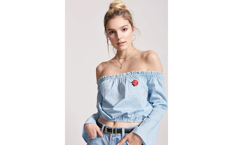 Gingham Off The Shoulder Crop Top