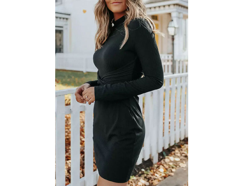 Women's Hollow Out Twist Long Sleeve Bodycon Dress Black