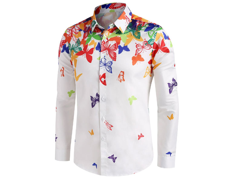 Men's Colorful Butterfly Print Button Up Long Sleeve Shirt