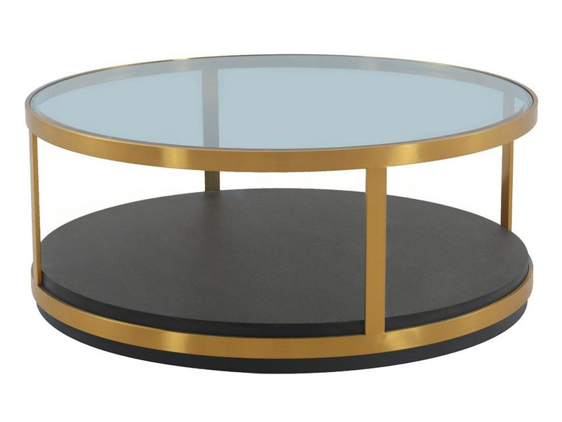 Hattie Glass Top Walnut Wood Coffee Table With Brushed Gold Frame Armen Living