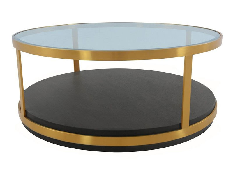 Hattie Glass Top Walnut Wood Coffee Table With Brushed Gold Frame Armen Living