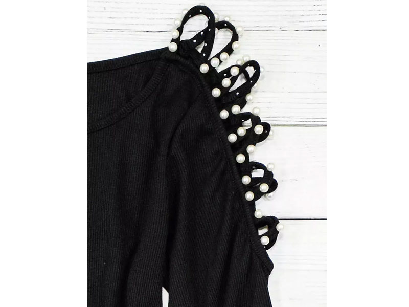 Women's Beading Criss-Cross Long Sleeve Bodycon Dress Black