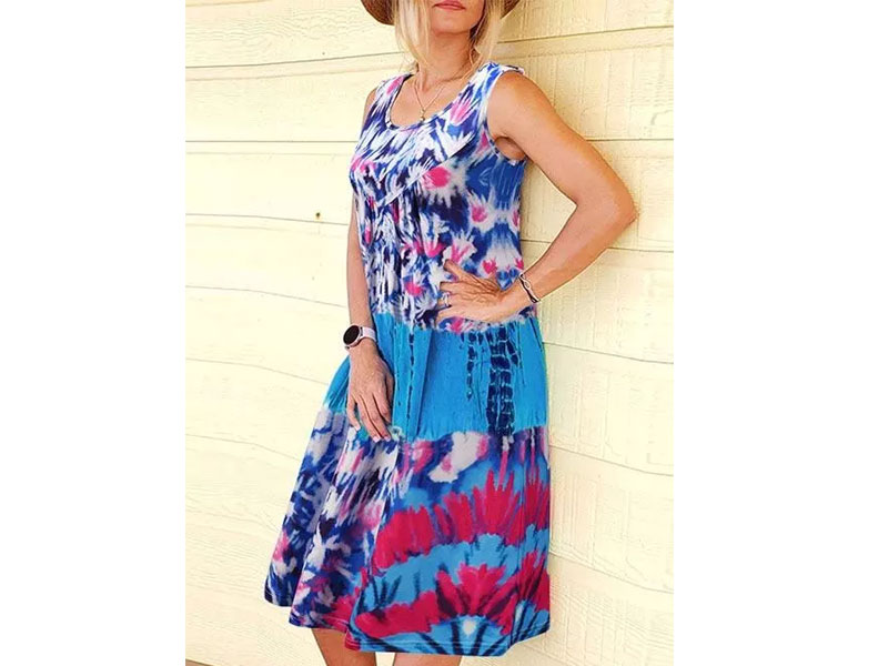 Tie Dye Floral Ruffled Sleeveless O-Neck Casual Dress