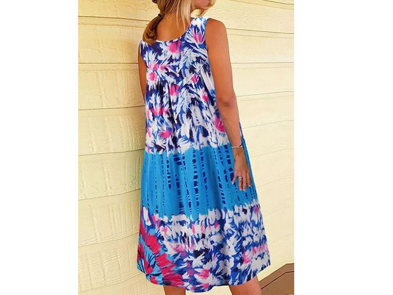 Tie Dye Floral Ruffled Sleeveless O-Neck Casual Dress