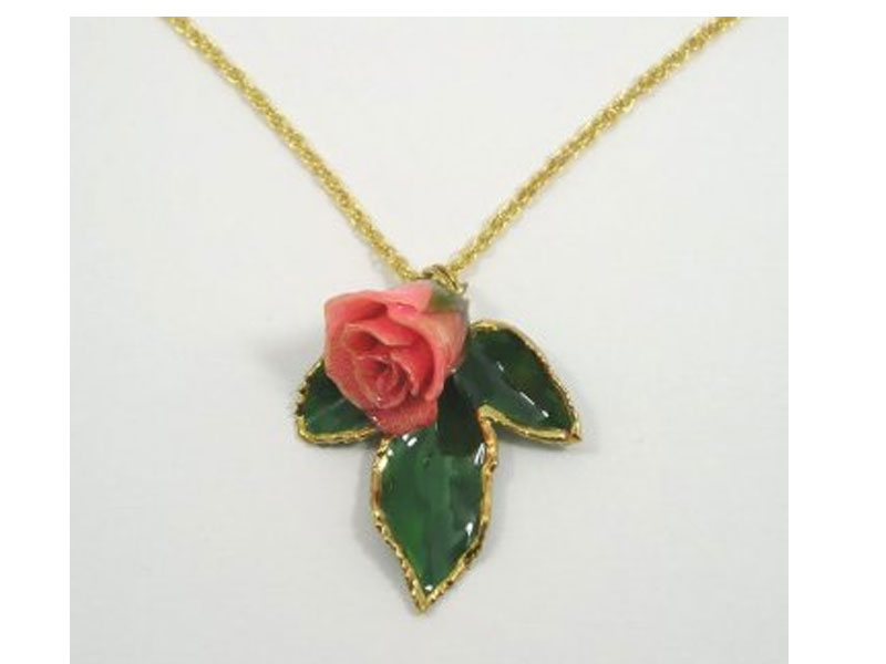 Women's Mini 24k Gold Rose Pendant with 3 Leaves