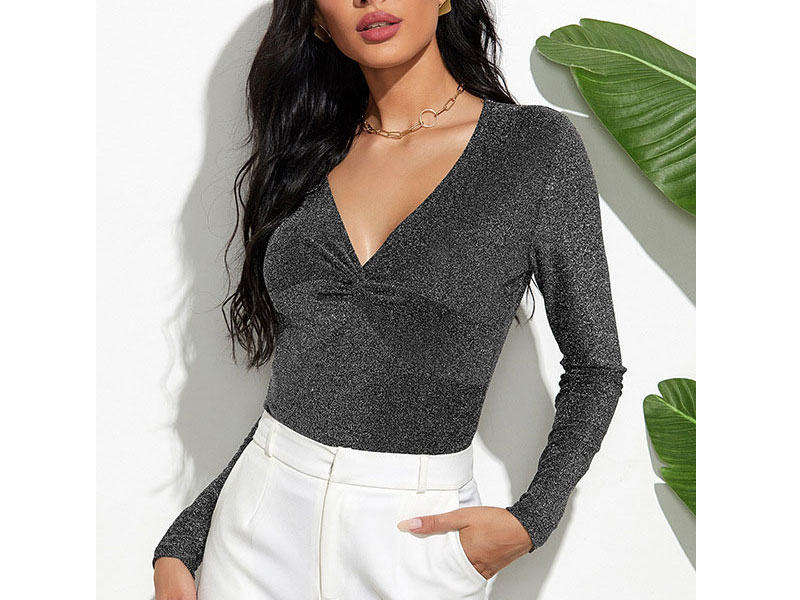 Women's Bodysuit Grey Long Sleeves Pleated Two-Tone Sexy Polyester Sexy Top