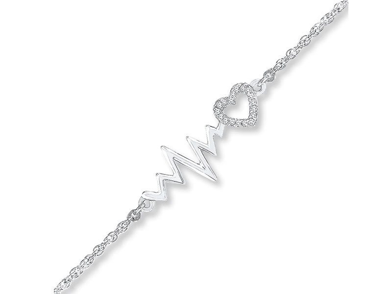 Women's Heartbeat Anklet Diamond Accents Sterling Silver