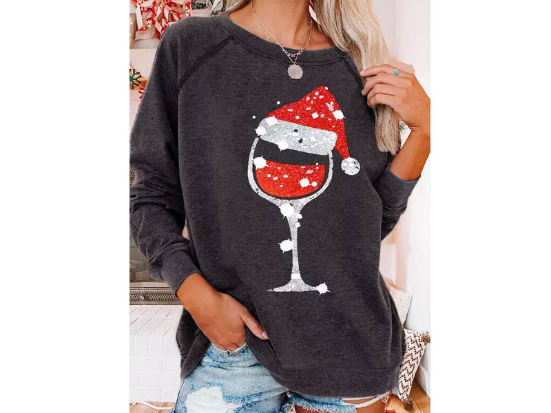 Women's Hat Wine Glass Pullover Sweatshirt Dark Grey