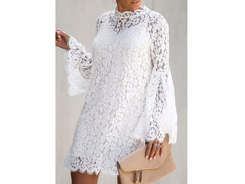 Women's Floral Lace Splicing Flare Sleeve Mini Dress White