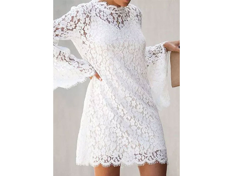 Women's Floral Lace Splicing Flare Sleeve Mini Dress White